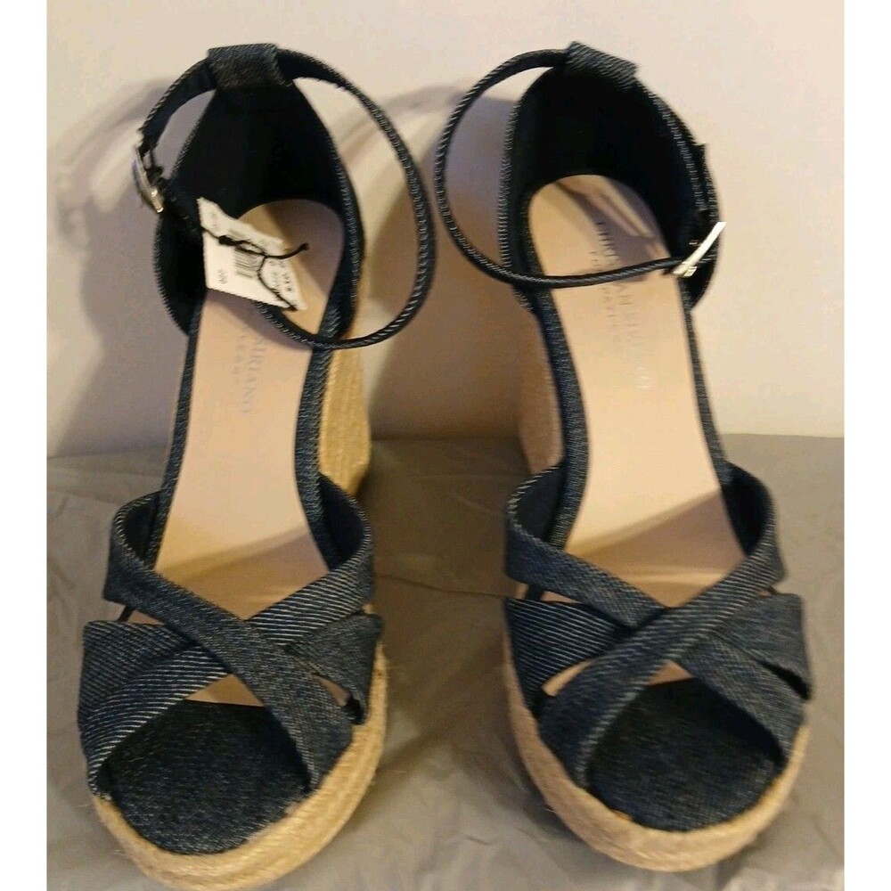 CHRISTIAN SIRIANO blue Denim Ankle Strap Espadrille Platform Wedge Heels 6.5 New